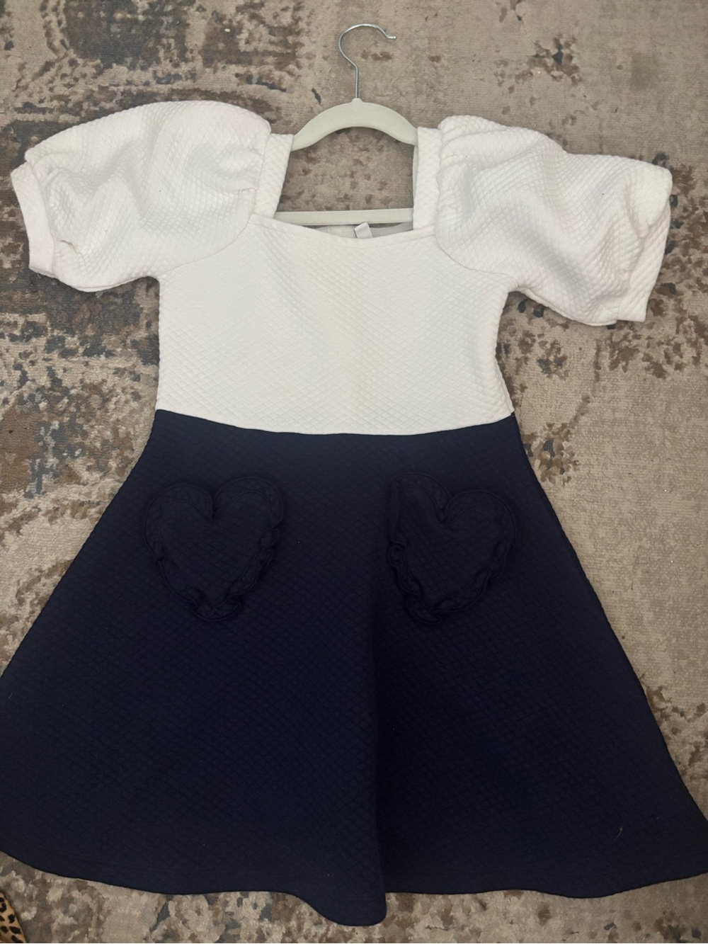 Janie and Jack White and Navy Puff-Sleeve Dress with Heart Appliqués